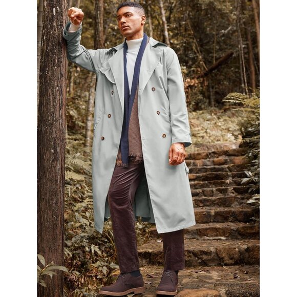 Mens Light Grey Double Breasted Belted Windbreaker Jackets Lapel Trench Coat - Picture 2 of 5